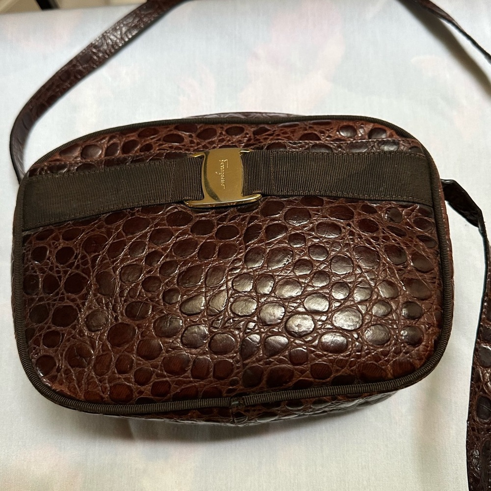Salvatore Ferragamo Brown Croc Embossed Crossbody Bag with Bow Accent